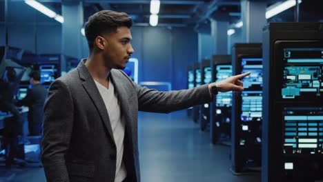 it engineer pointing in a modern server room