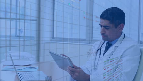 animación de múltiples gráficos y tablero de negociación sobre médico biracial usando tableta digital