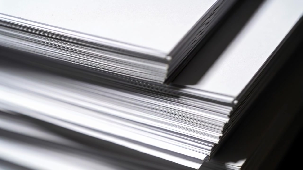 Camera capturing stacked white paper sheets on desk, revealing finer gaps with focus shifting