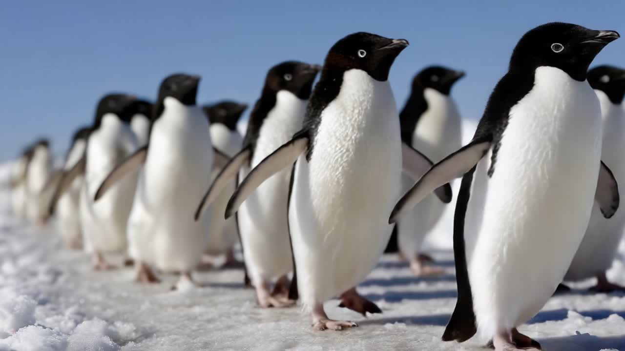A Line of Penguins Marching Across the Icy Landscape, Showcasing Their Natural Behavior and Social Interaction in a Cold Climate