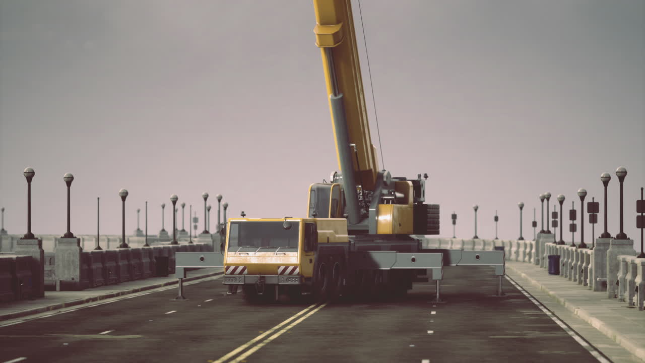 Heavy construction crane positioned on city street for road work