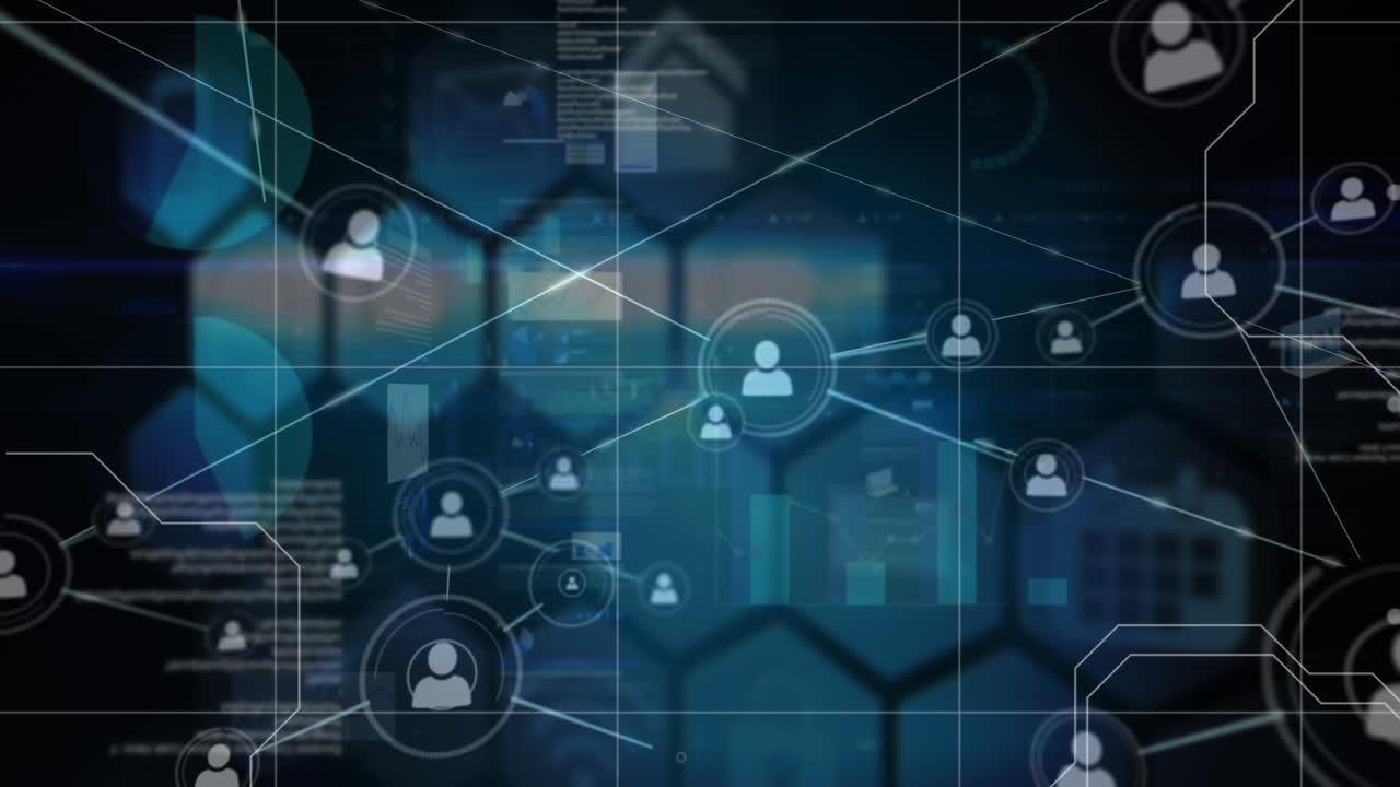 Digital animation of network of connections and data processing against black background