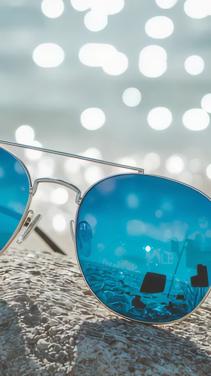 Vertical video: Opening shot showing aviators on pebbled sand, highlighting umbrella reflection