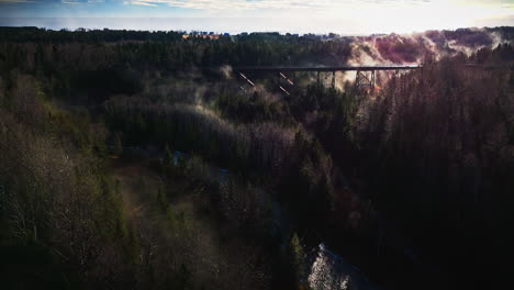 foggy morning over some trees and a river shot by drone in 4k 60fps