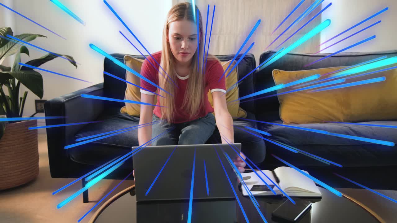 Woman shifting forward, moving laptop to table for tech work, animated streaks radiating around her