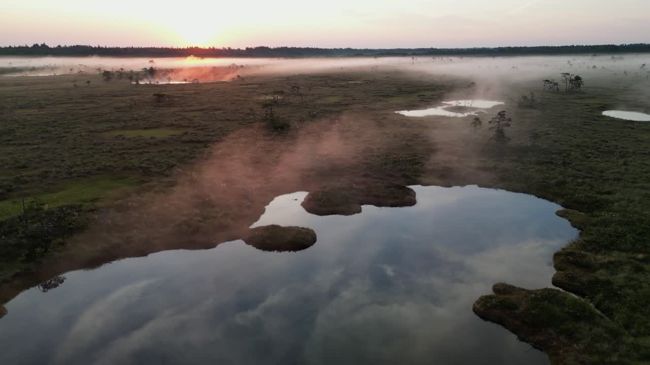 sobrevuelo bajo de pantano de tierras bajas con niebla ardiente durante el amanecer fresco de la mañana