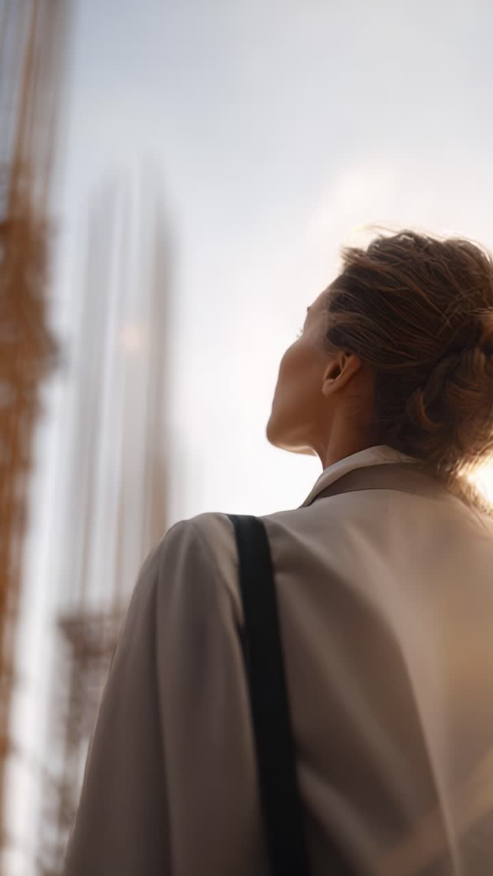 A Thoughtful Woman Gazes Upwards, Contemplating Progress Amidst a Modern Construction Site, Uniting Elegance and Urban Development in a Dynamic Landscape