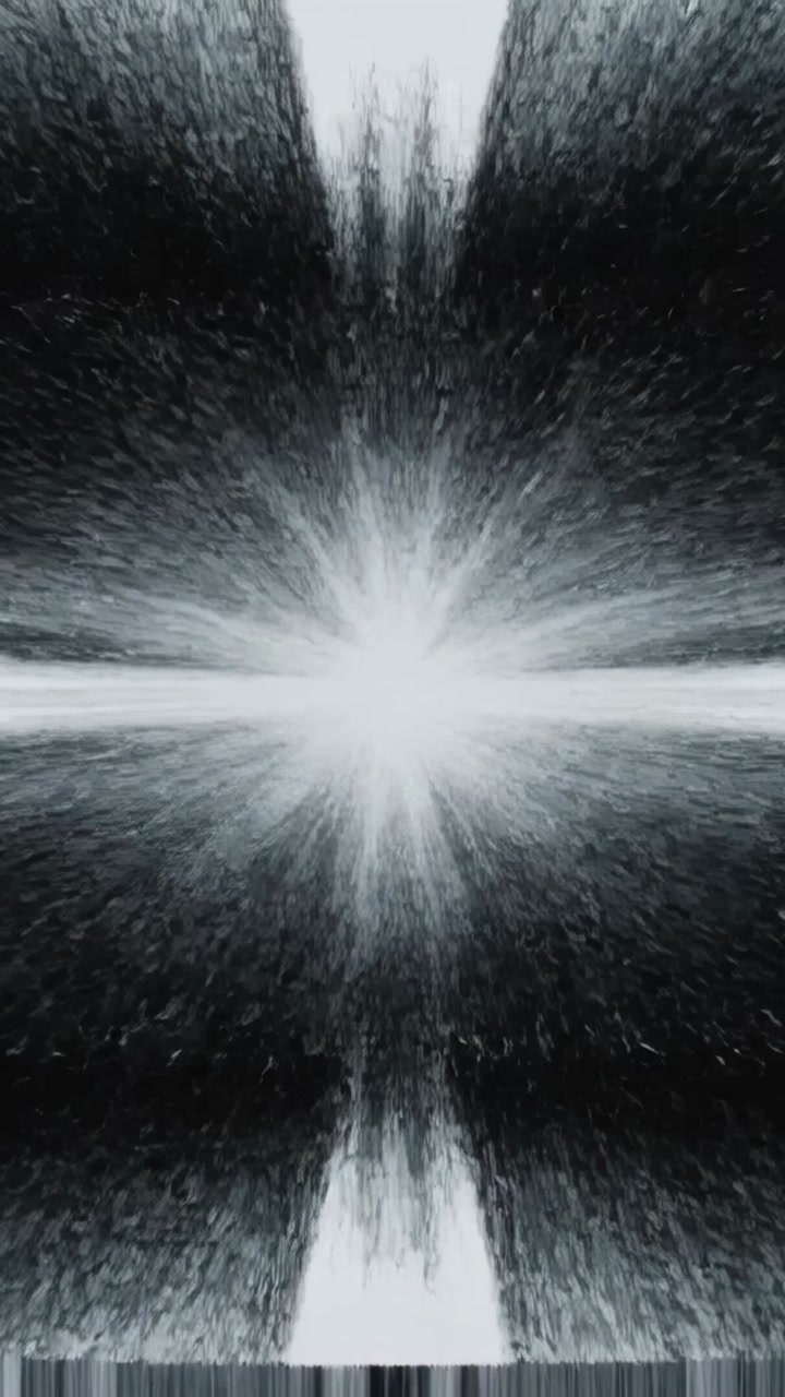 Vertical video: Bright point sparking core growth in banded tunnel, sending vertical beam and grain