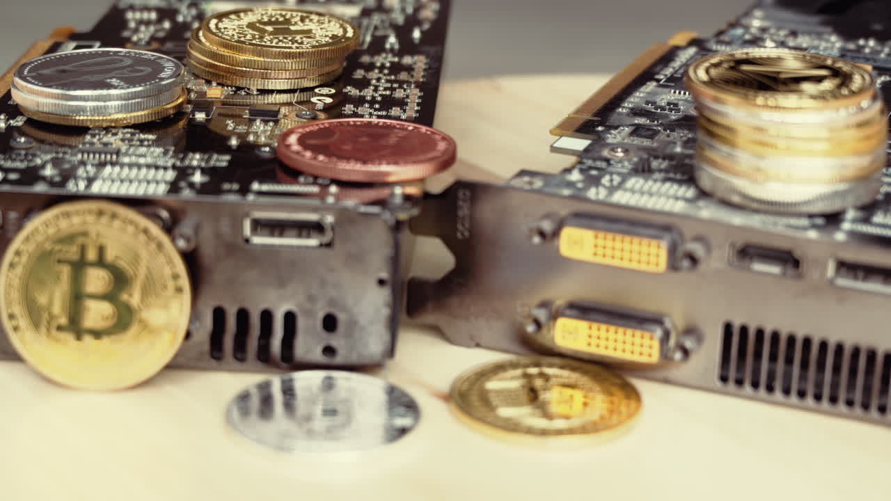 Composition with golden and silver bitcoin crypto money, dollars and computer graphic mining cards