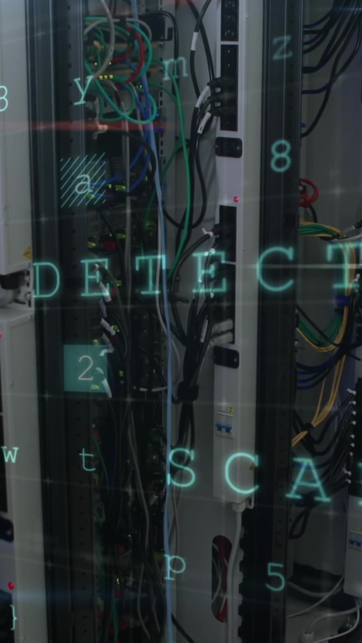 Animation von Datenverarbeitung mit Cyberangriffswarnung über einem Techniker und Computerservern
