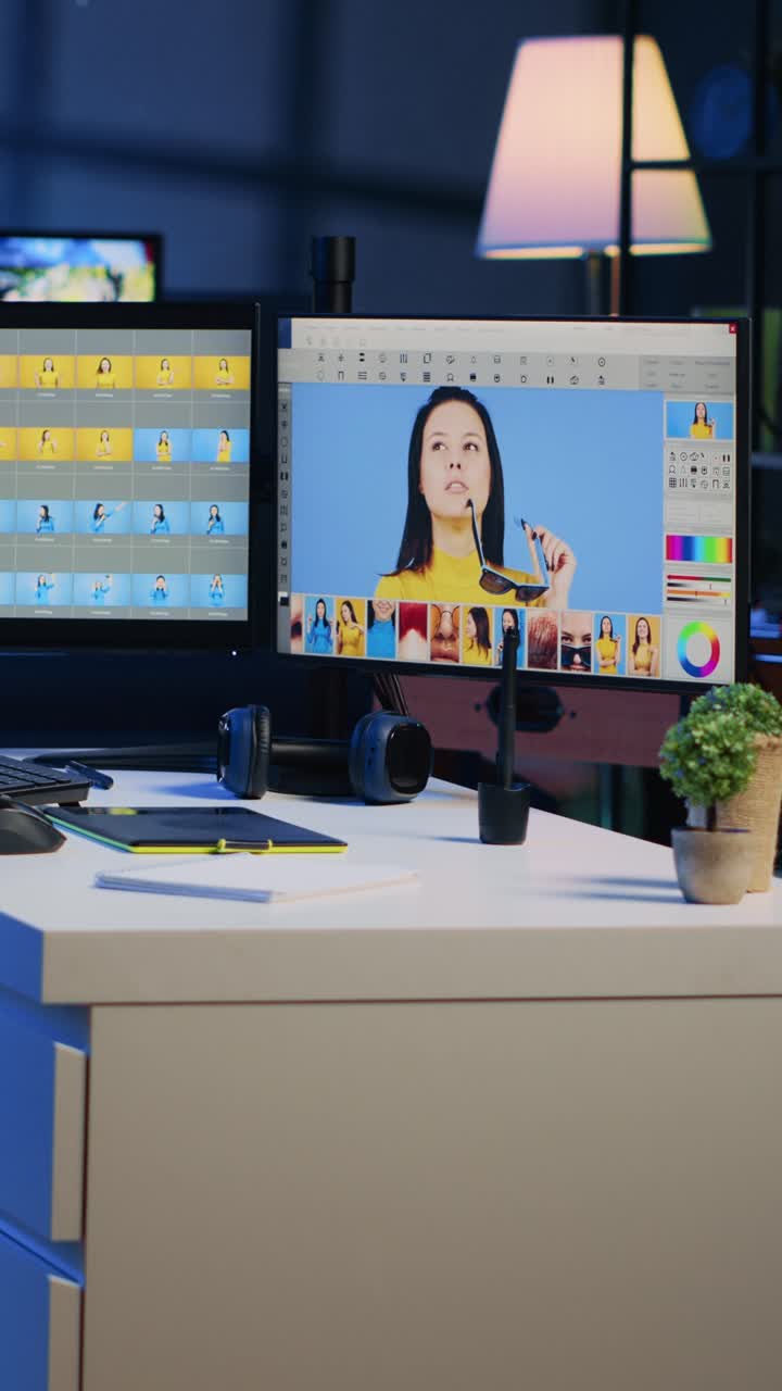 Vertical video Media company creative office with multi monitors used for post processing retouching of images
