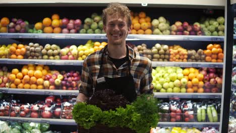 Portrait-shot-of-the-young-handsome-Caucasian-shop-worker-in-the-apron-standing-in-front-the-camera-and-smiling-joyfully-while-holding-box-coloured-greens-at-the-grossery-supermarket.-Fruits-and-vegetables-panel-background