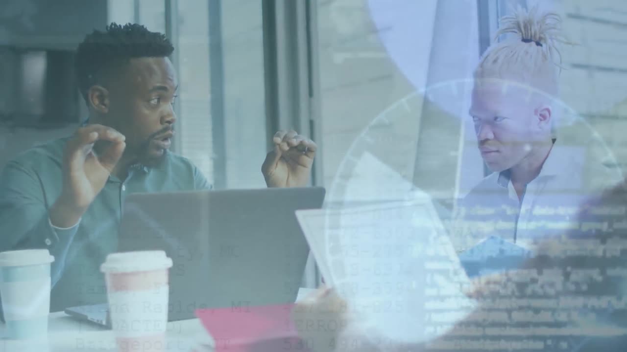 Animation of financial graphs over diverse male coworkers in office