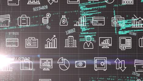 animation of financial icons and data processing over grid