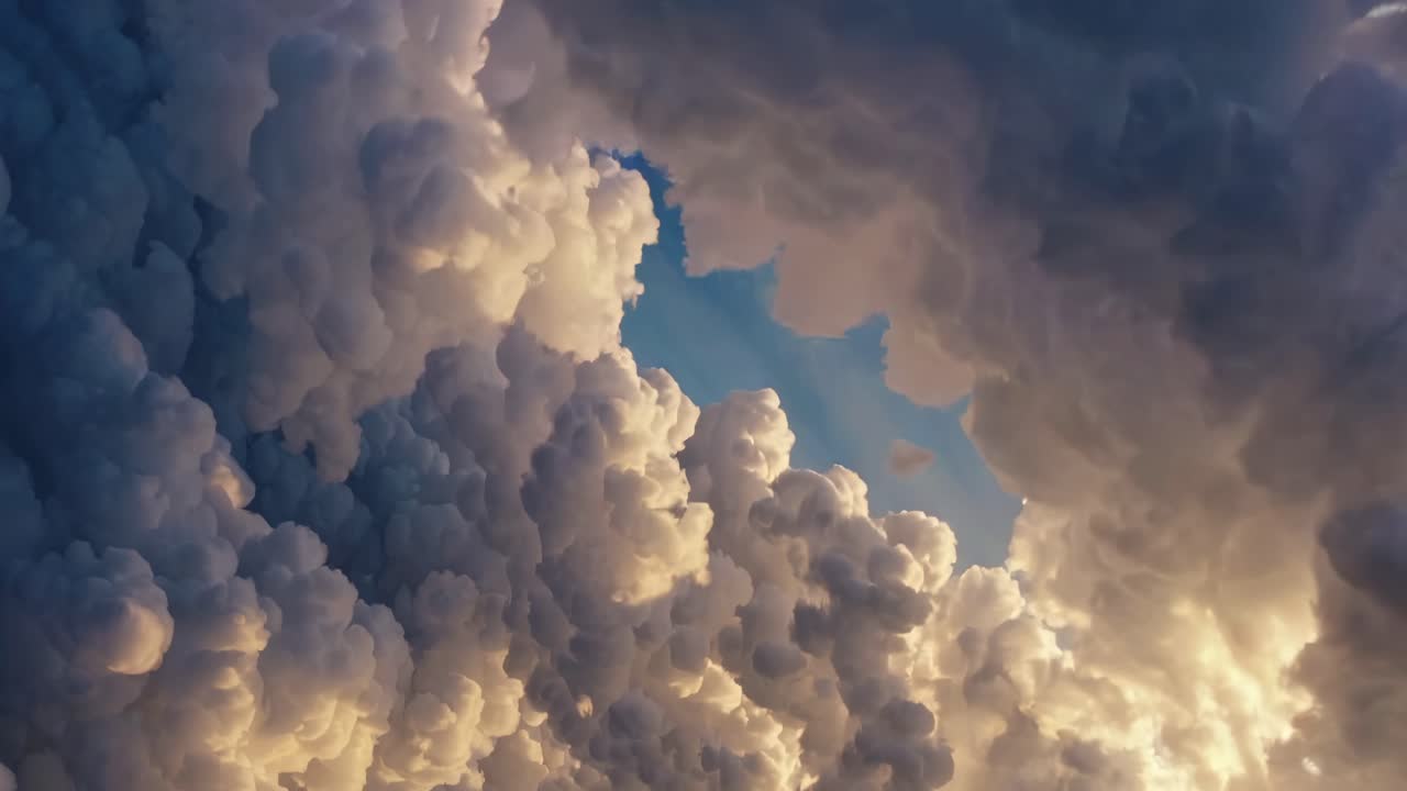 Dramatic upward angle captures towering clouds with sunlight filtering