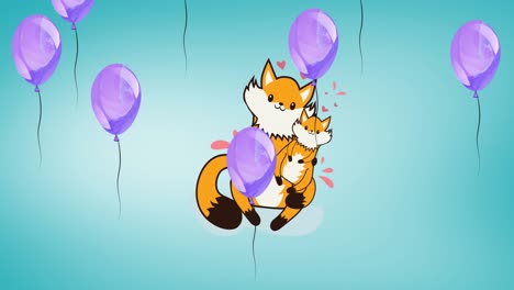 Animation-of-illustration-of-happy-parent-and-young-fox-embracing,-with-purple-balloons,-on-blue