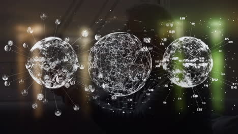 animación de conexiones y globo sobre fondo marrón y verde