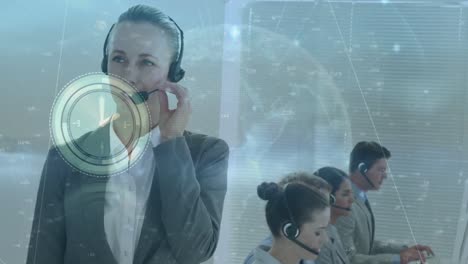 Animation-of-data-processing-over-diverse-business-people-using-phone-headsets