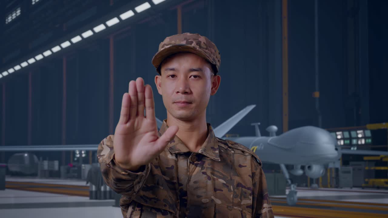 Close-up de um soldado asiático olhando para a câmera e desaprovando com um sinal de 'não' com a mão enquanto está em pé com um drone militar moderno em um hangar de manutenção.