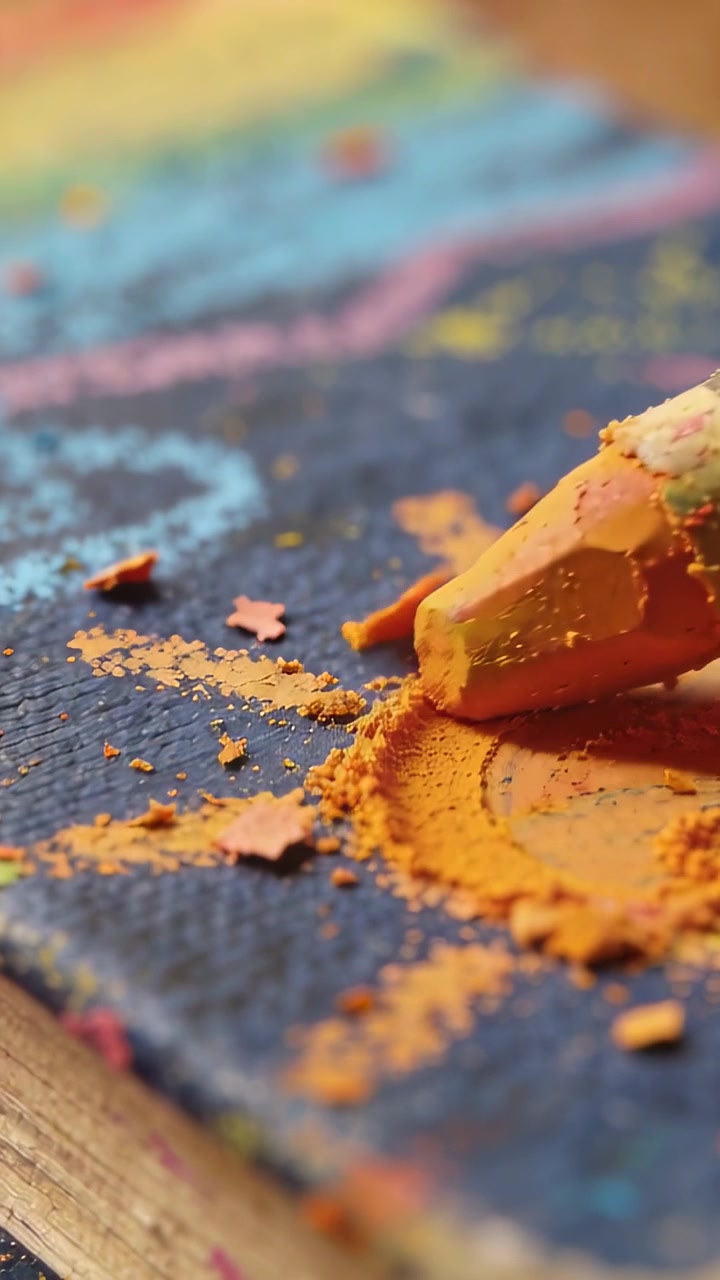 Video verticale: Toccando carta blu sulla scrivania, pastello arancione che raschia il pigmento, formando un pozzetto di pigmento.
