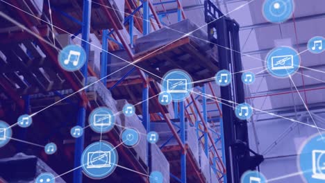 Network-of-digital-icons-against-forklift-machine-moving-packages-at-warehouse