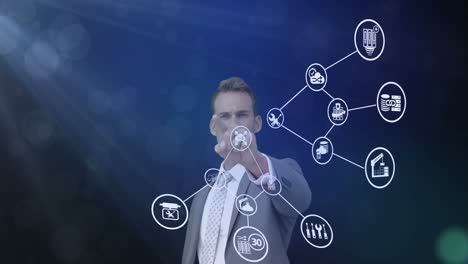 hombre de negocios tocando la pantalla de la interfaz digital virtual