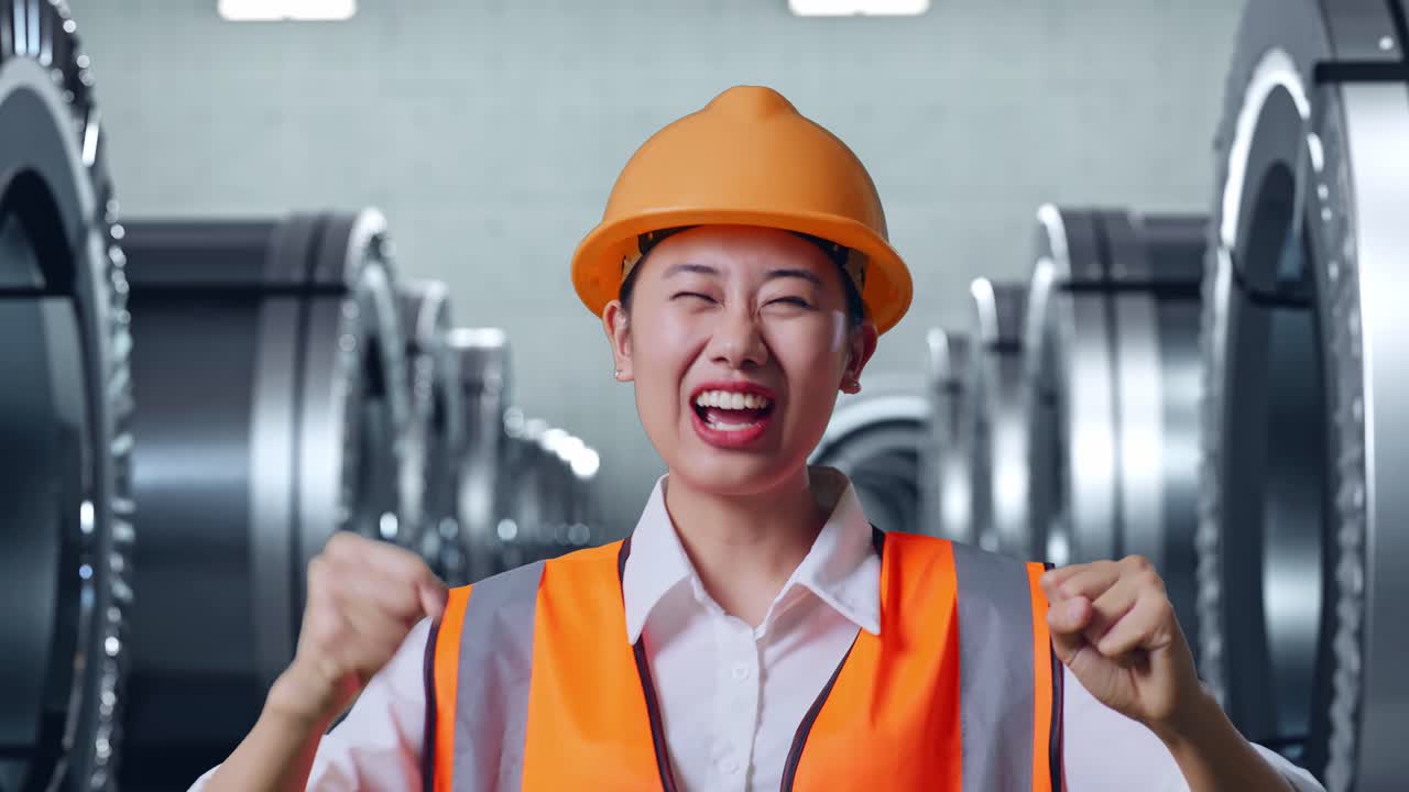 제조 시설에서 행복한 여성 엔지니어