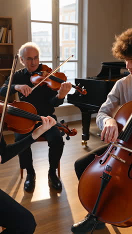 three musicians playing string instruments in an indoor setting