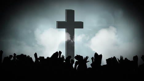 animated christian cross and crowd silhouette depict easter faith concept.