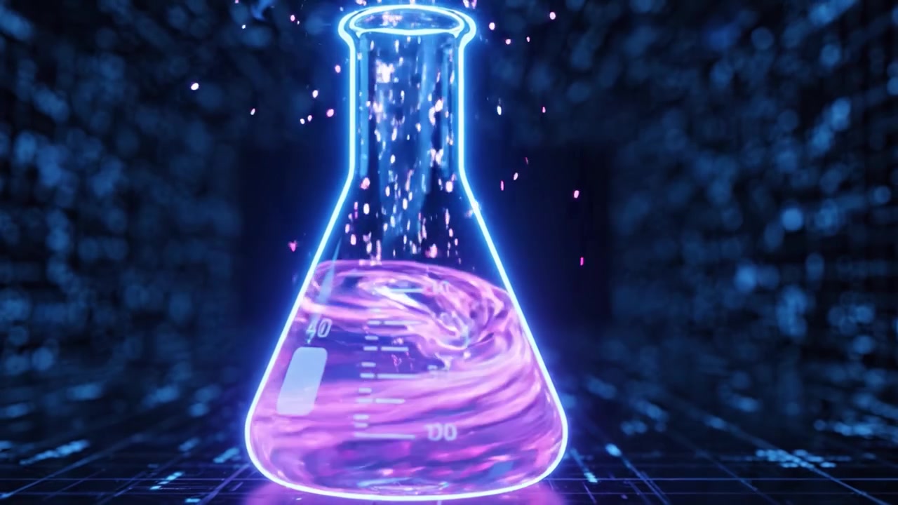 Beleuchtetes wissenschaftliches Laborexperiment mit einem Neonkolben und sprudelnder Flüssigkeit in einer Hightech-Umgebung voller Energie und Geheimnis