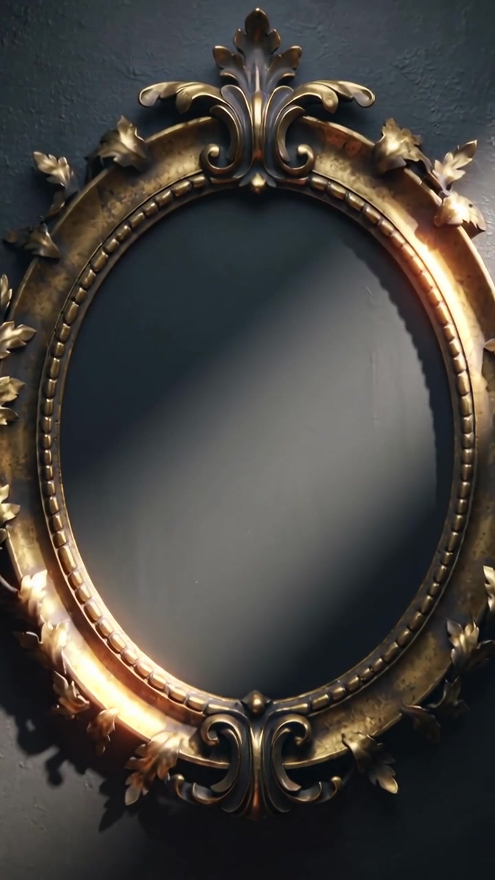 Vertical video: Panning camera across gilt oval mirror on dark wall, revealing beaded rim and glow