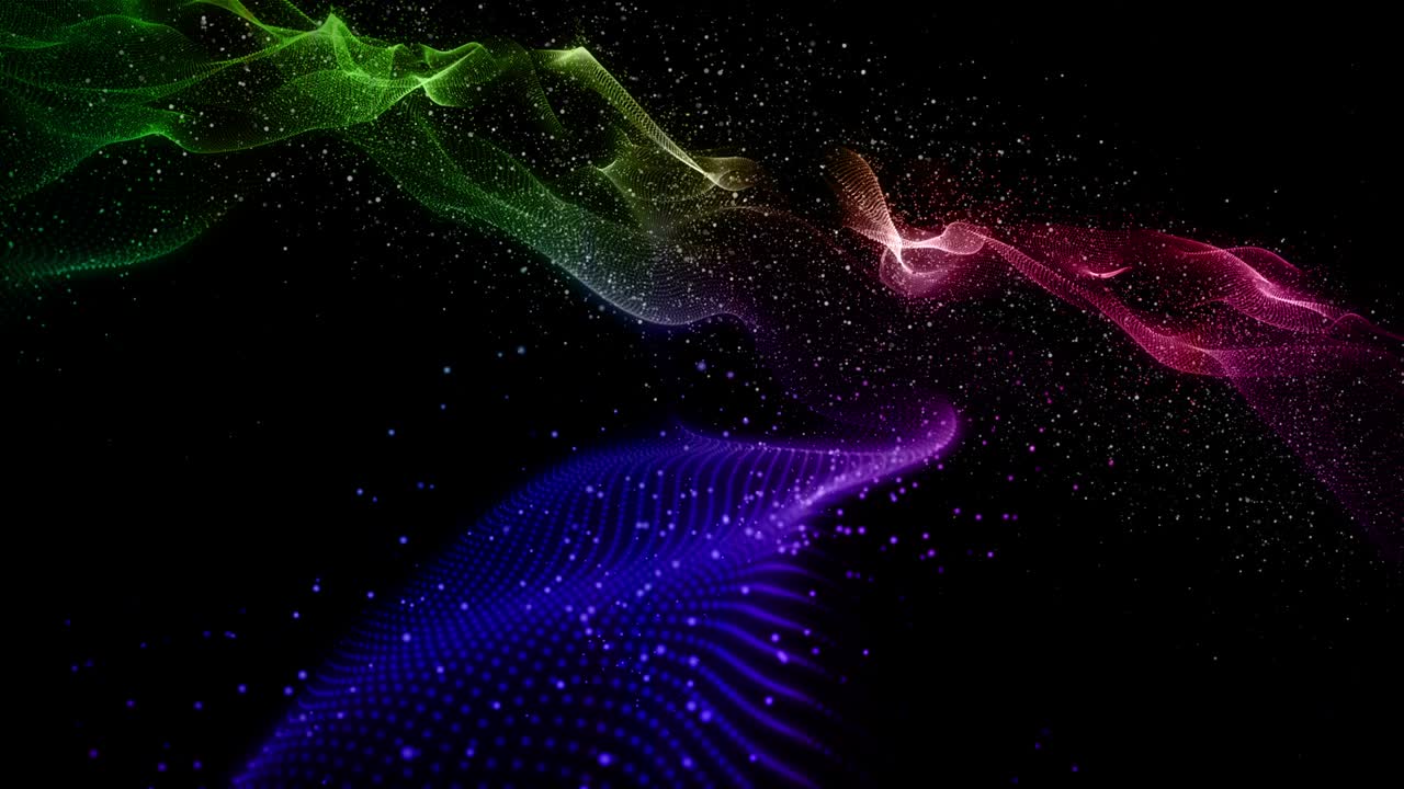 Futuristic animation with colorful wave object and glitter particles in slow motion, 4096x2304 loop 4K