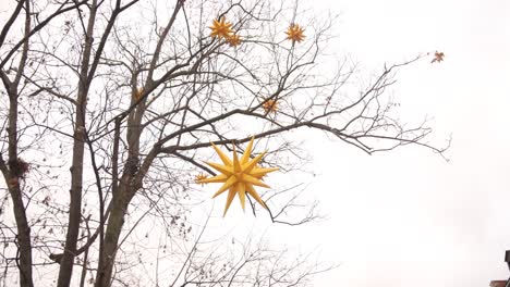 Estrellas-Modelo-Brillantes-Amarillas-Colgadas-En-árboles-De-Invierno-En-Un-Mercado-Navideño-Festivo-En-Europa