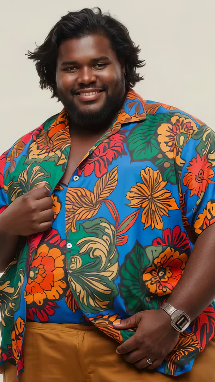 Vertical video: Smiling man following director's cue, adjusting floral shirt in studio, with watch