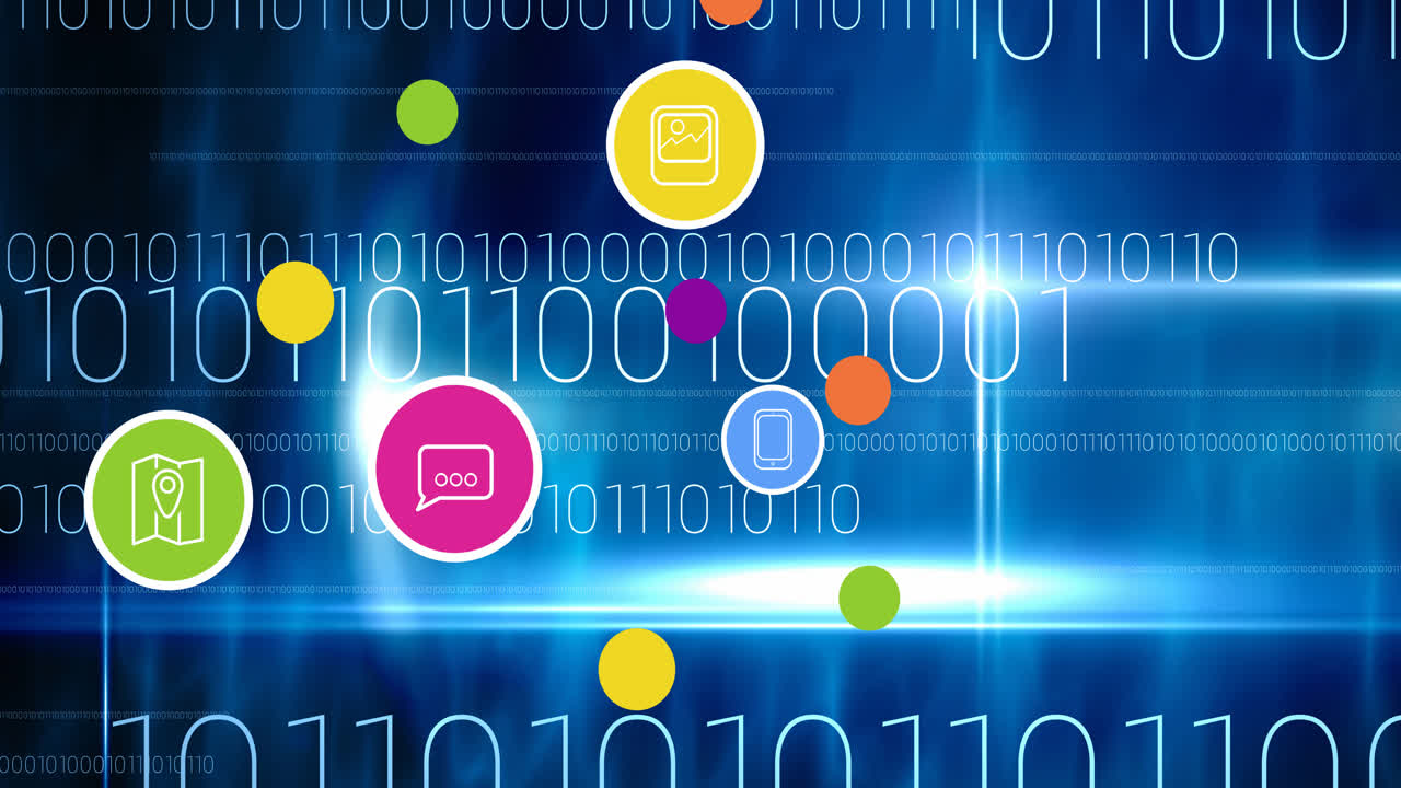 animación de iconos digitales sobre codificación binaria en segundo plano