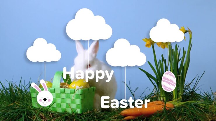 Happy easter text banner against easter bunny and easter eggs in a basket against blue bckground