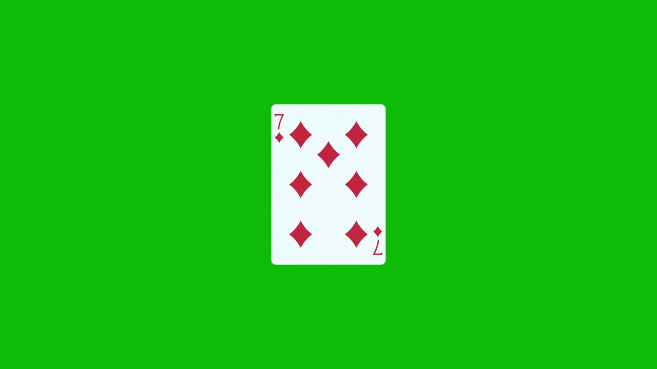 Carta da poker sette di quadri che ruota e si rivela su schermo verde, animazione 3D. Puoi modificare la durata della clip per controllare l'effetto di rivelazione.