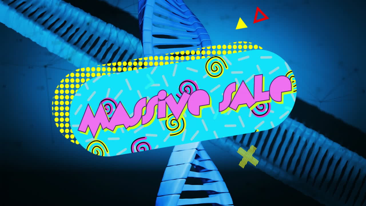 Massive Sale text animation over colorful geometric shapes and DNA strand background