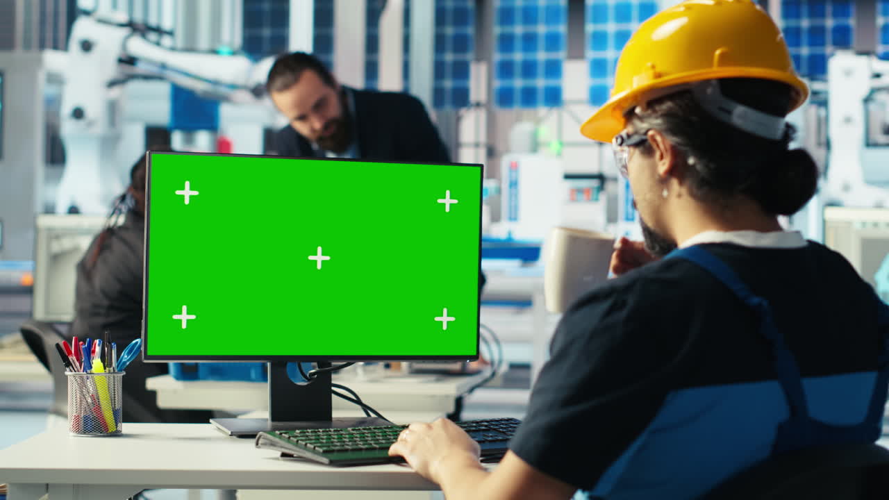 태양 전지 패널 공장 노동자가 모형 pc에서 환경적으로 안전한 태양 전지를 만들고 있습니다.