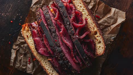 a close up of a pastrami sandwich