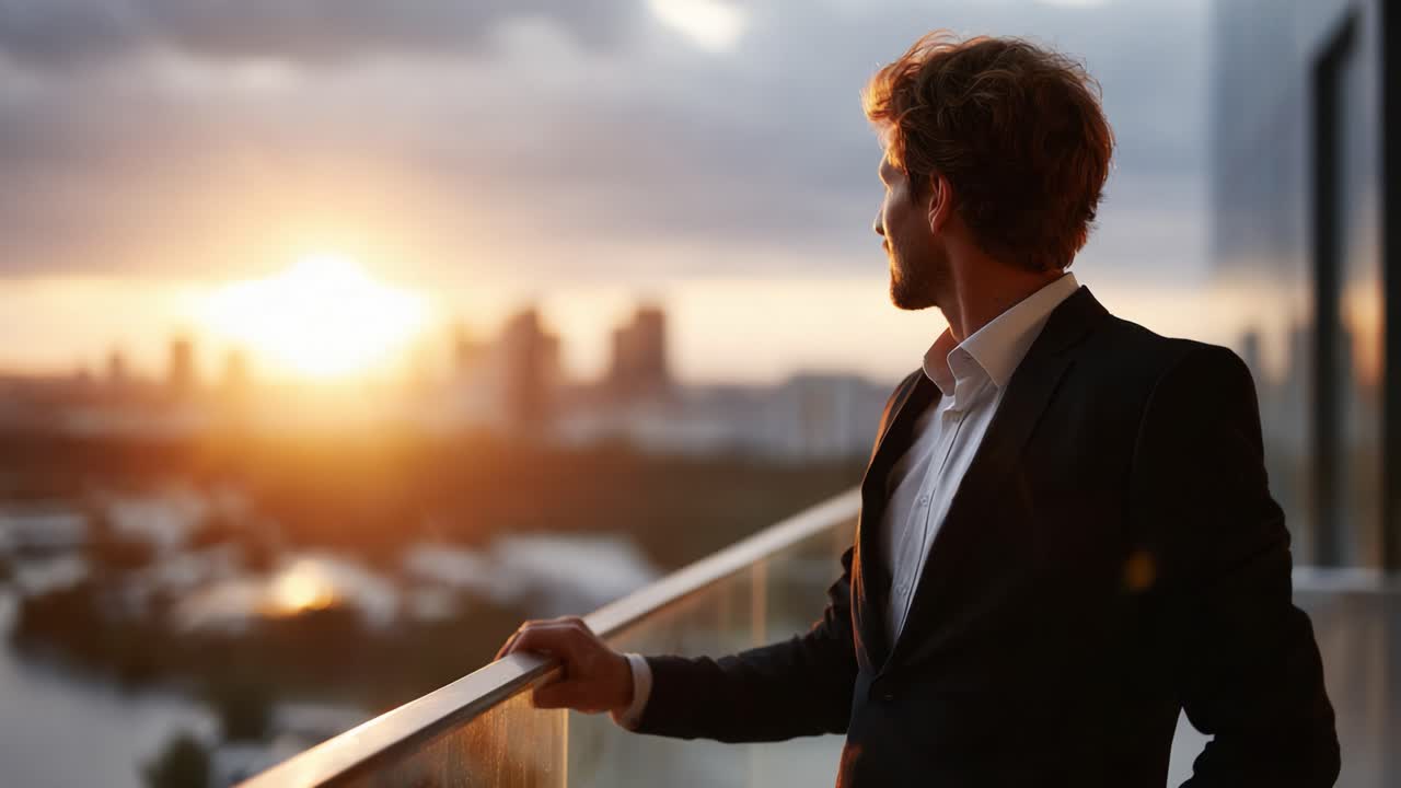 A Thoughtful Man in Formal Attire Gazing at a Beautiful Sunset Over the City Skyline, Capturing a Moment of Reflection and Peace Amidst Urban Life