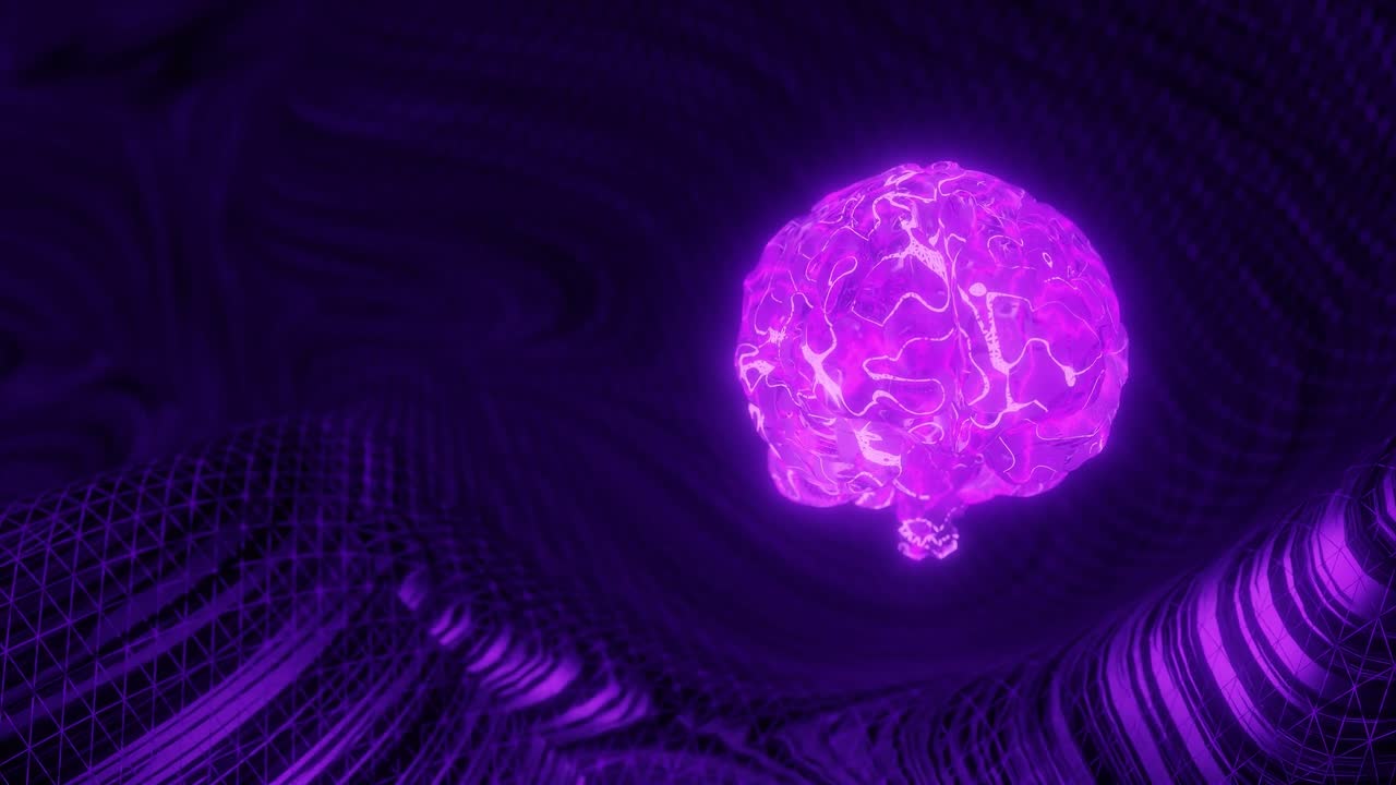 Glowing purple human brain above abstract digital mesh background. Artificial intelligence and neural network concept. Design for banner, poster, wallpaper