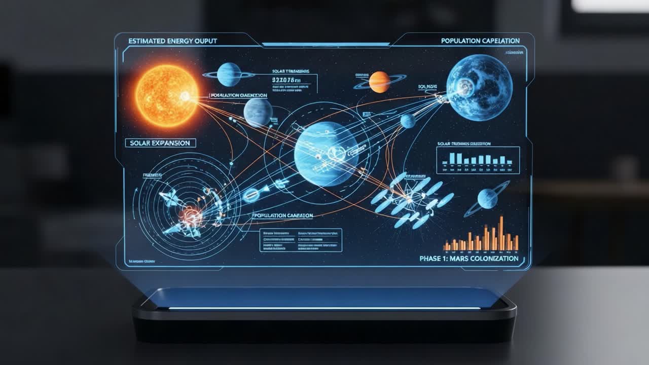 Exploring the Future of Space Colonization: A Detailed Analysis of Population Growth, Energy Output, and the Journey to Mars in an Interactive Holographic Display