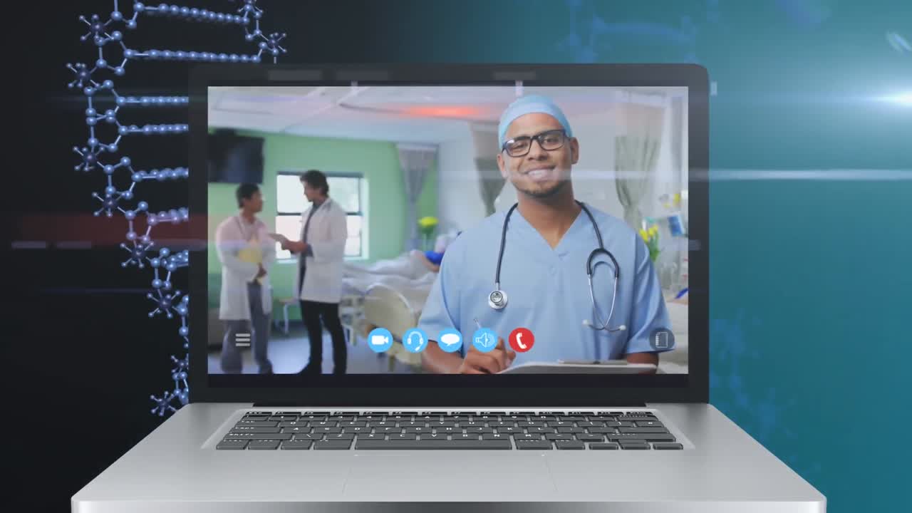 Animazione dello schermo di un computer portatile che mostra un medico uomo durante una videochiamata