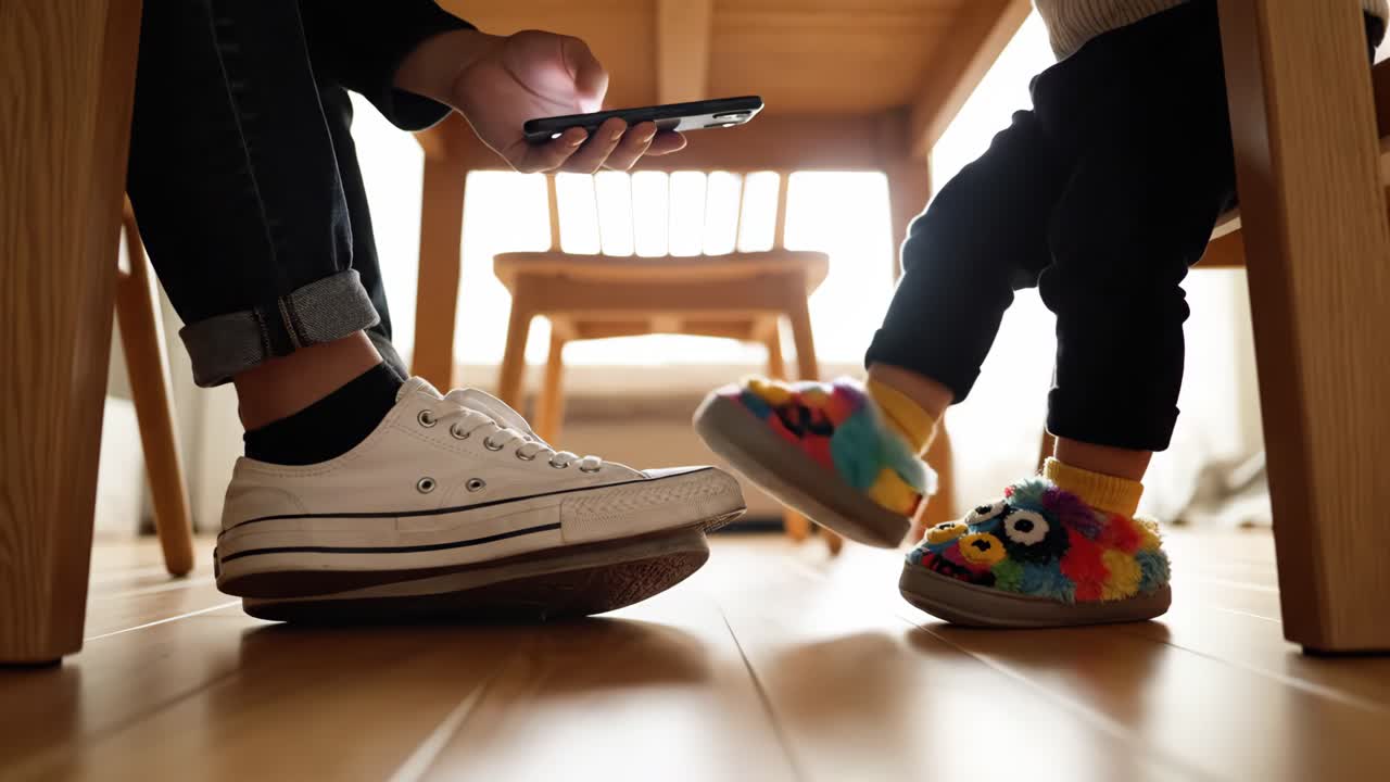 Legs of a parent and child under a table