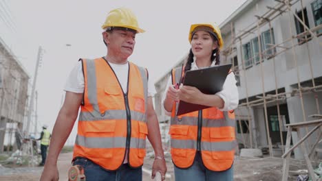 arquitecta de edificios o ingeniera civil que habla sobre el progreso de la construcción de la casa del proyecto de vivienda con el capataz en el sitio de construcción. equipo de contratistas profesionales que trabajan en el negocio inmobiliario.