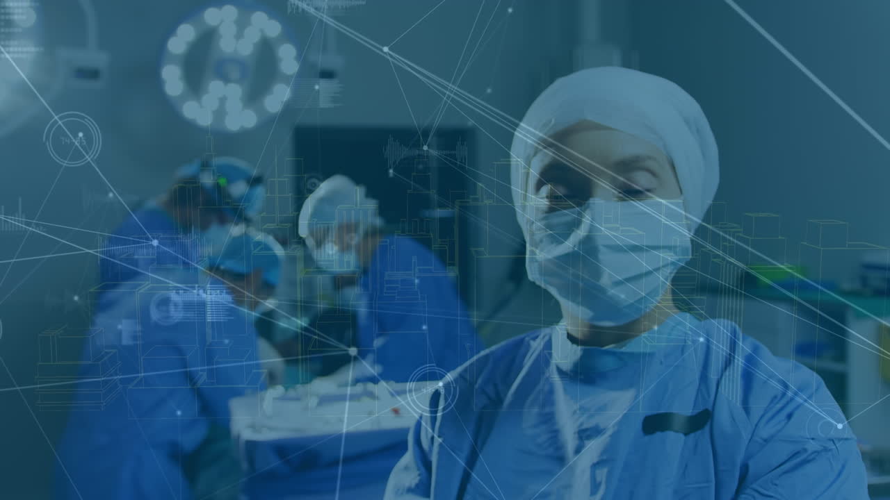 네트워크와 맥박 속도의 애니메이션 백인 여성 의사와 동료의 배경