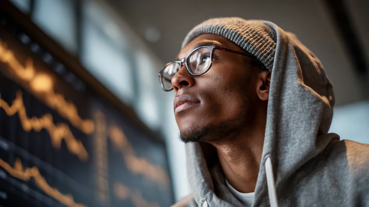 A Young Man in a Hoodie Reflects Thoughtfully on Digital Financial Data, Contemplating Market Trends and Investment Opportunities as Graphs and Charts Display Key Performance Indicators Behind Him