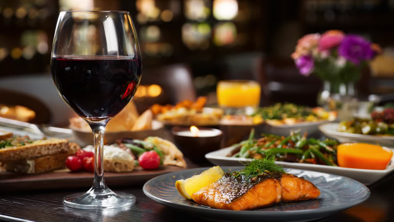 An exquisite dining experience featuring a beautifully plated salmon dish garnished with dill, accompanied by a glass of rich red wine and an array of delicious side dishes, perfect for a sophisticated meal