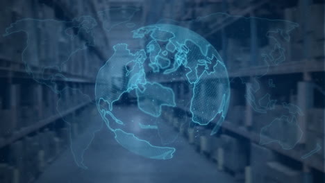 animación digital del globo giratorio sobre el mapa del mundo contra el almacén en el fondo